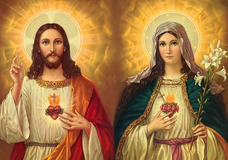 Sacred Heart of Jesus and Virgin Mary Religious Painting with Halos and Lilies HD wallpaper