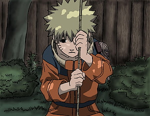 Naruto Uzumaki Holding a Staff in a Dark Forest with a Melancholic Expression HD wallpaper