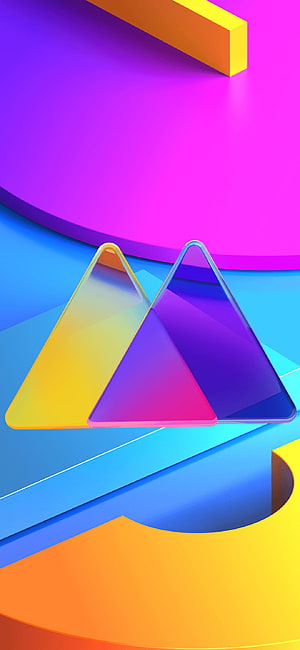 Vibrant 3D Geometric Abstract Art with Translucent Triangles and Colorful Platforms HD phone wallpaper