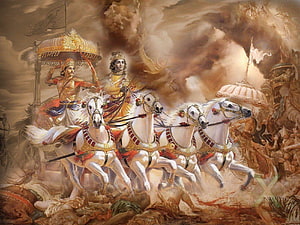 Lord Krishna and Arjuna on a White Chariot in Epic Indian Mythological Battle Scene HD wallpaper