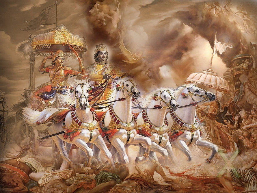 Lord Krishna and Arjuna on a White Chariot in Epic Indian Mythological Battle Scene HD wallpaper