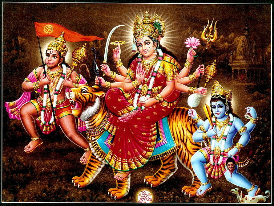 Bhagawati with Hanuman and Bhairav on a Tiger in Traditional Indian Art HD wallpaper