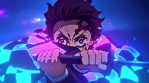 Tanjiro Kamado Demon Slayer Anime Character with Glowing Blue and Purple Energy HD wallpaper