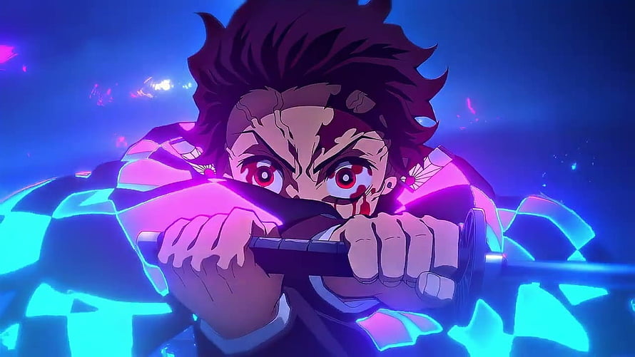 Tanjiro Kamado Demon Slayer Anime Character with Glowing Blue and Purple Energy HD wallpaper