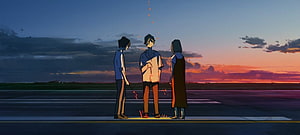 Three Anime Characters Standing on a Crosswalk at Sunset with Floating Embers HD wallpaper