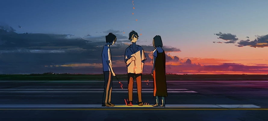 Three Anime Characters Standing on a Crosswalk at Sunset with Floating Embers HD wallpaper