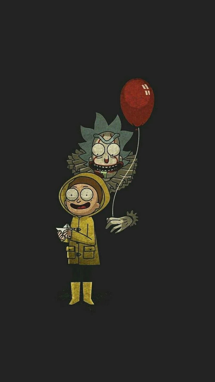 Rick and Morty Halloween Clown Illustration with Red Balloon on Dark Background HD phone wallpaper