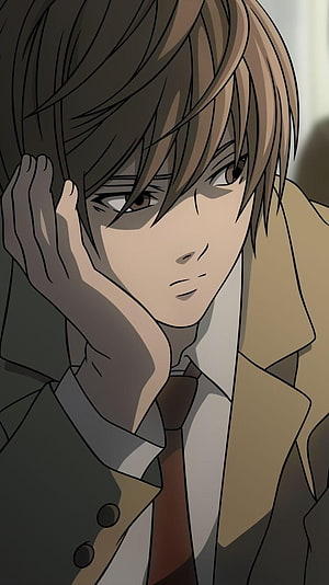 Light Yagami from Death Note in a Tan Trench Coat with a Serious Expression HD phone wallpaper