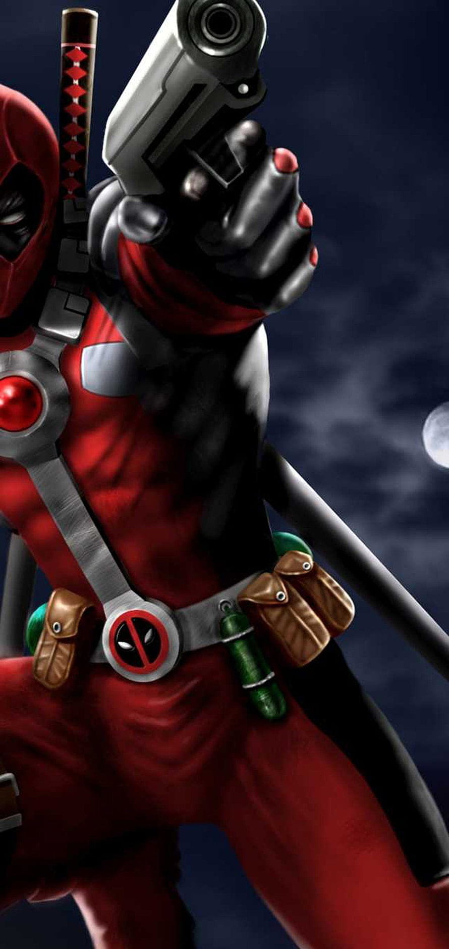 Deadpool Aiming Pistol at Night with Katana and Utility Belt HD phone wallpaper