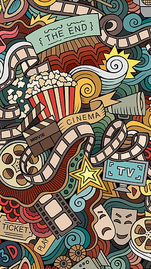 Cinematic Doodle Art with Popcorn, Film Reels, and Theater Masks in Vibrant Colors HD phone wallpaper