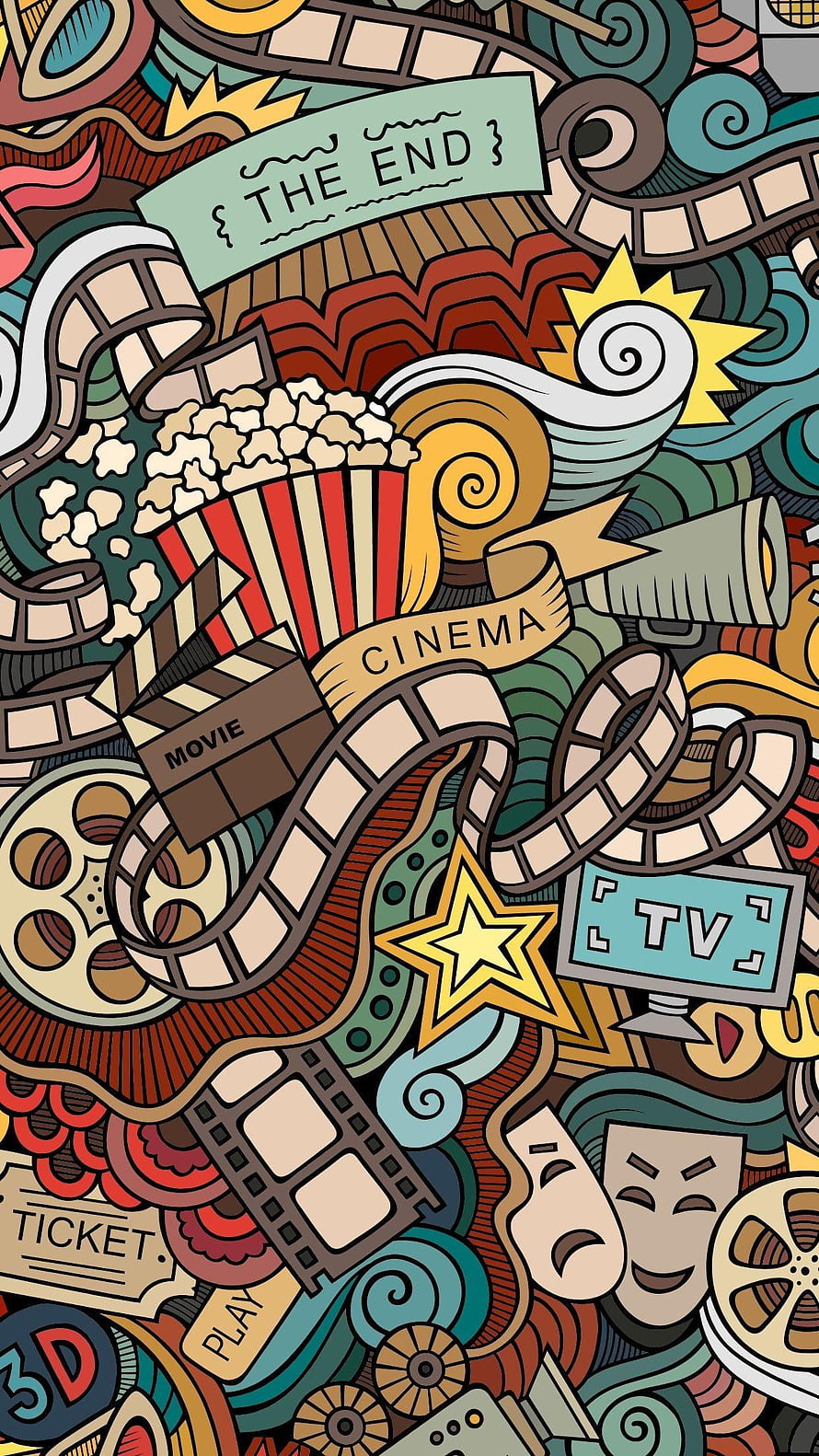 Cinematic Doodle Art with Popcorn, Film Reels, and Theater Masks in Vibrant Colors HD phone wallpaper