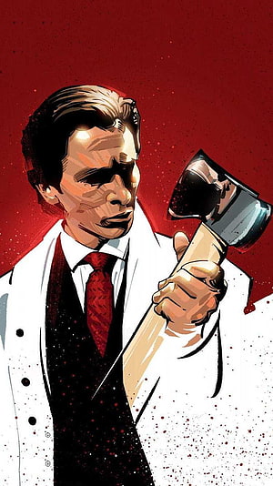 Patrick Bateman Comic Illustration Holding Axe in White Coat Against Red Background, Patrick Bateman HD phone wallpaper