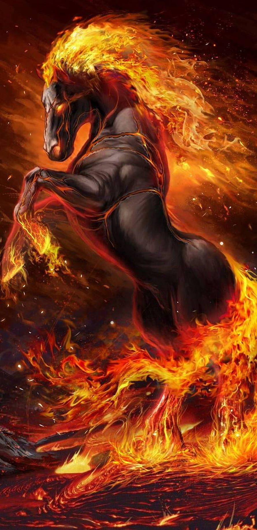 Majestic Black Horse Reared in Blazing Flames with Fiery Manes and Dramatic Fantasy Art Style HD phone wallpaper