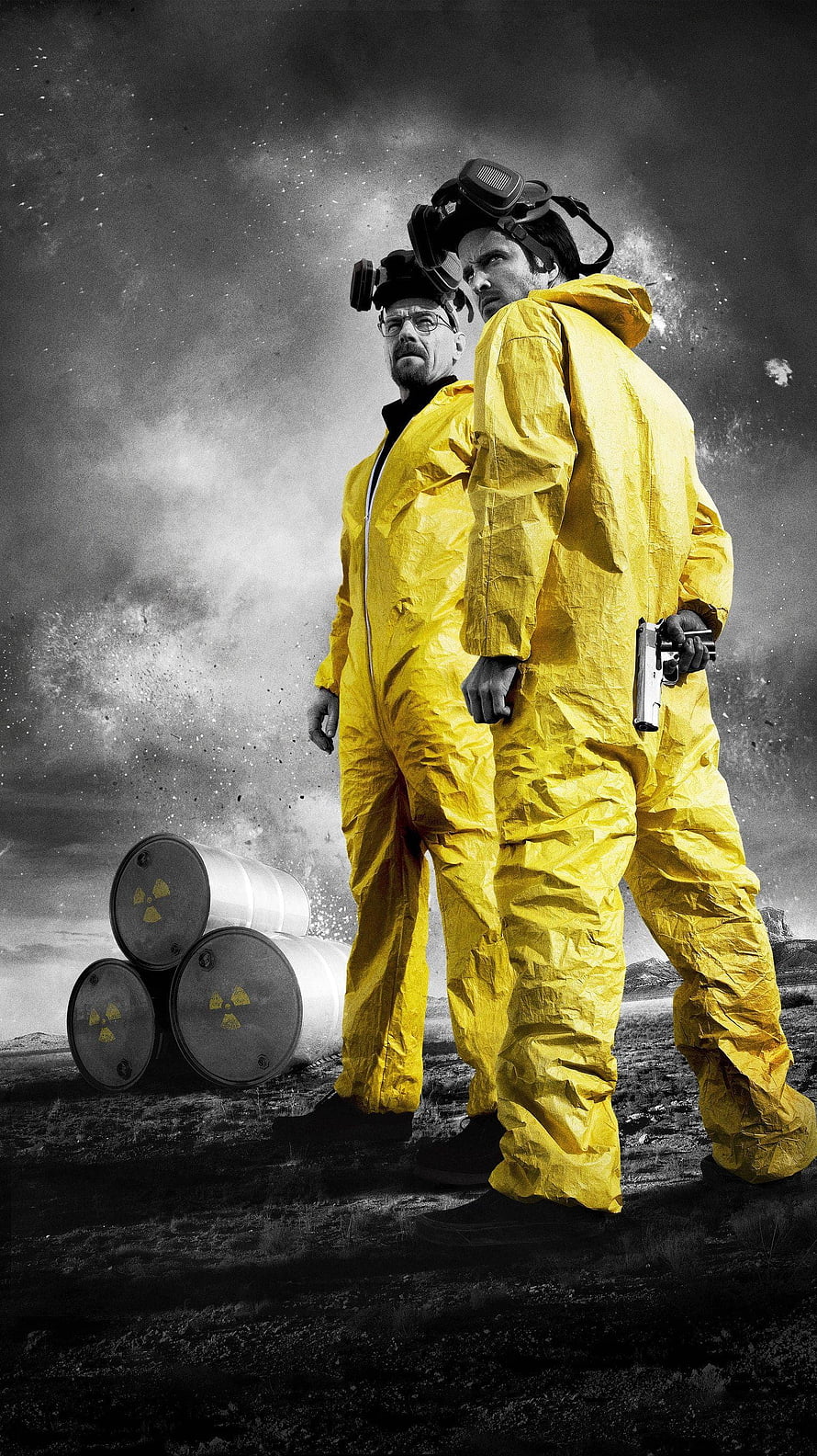 Breaking Bad Walter White and Jesse Pinkman in Yellow Hazmat Suits with Radioactive Barrels HD phone wallpaper