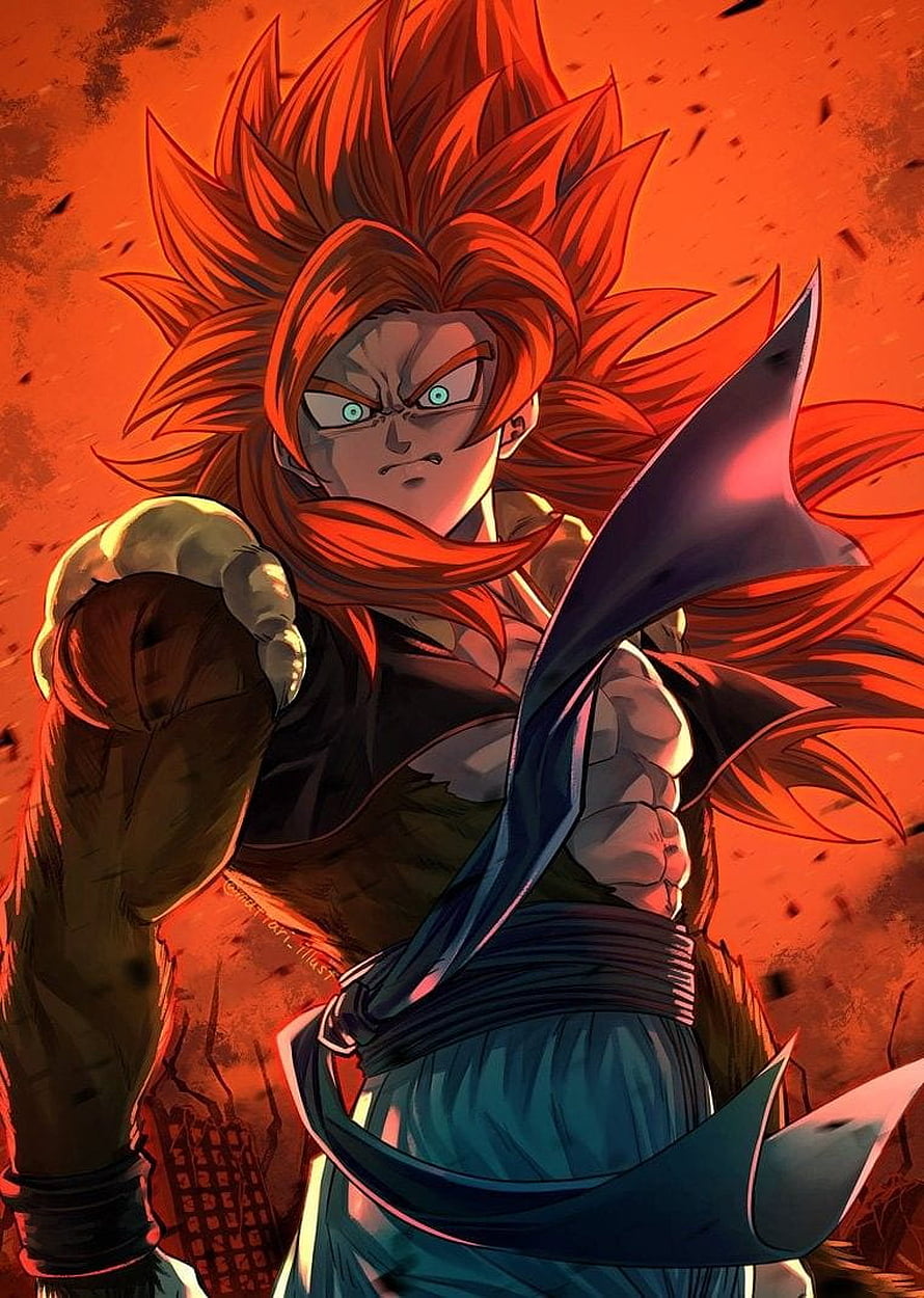 Gogeta Super Saiyan 4 Anime Character Artwork with Fiery Red Hair and Intense Expression HD phone wallpaper