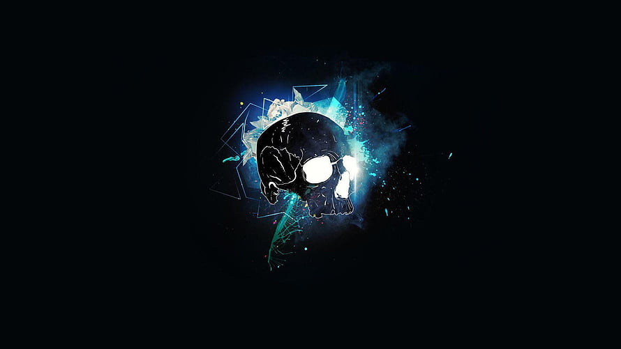 Glowing Neon Skull with Cyan Energy Burst and Geometric Shapes on Dark Background HD wallpaper
