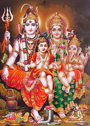 Shiv Parivar Family Portrait with Parvati, Ganesha, and Kartikeya in Traditional Indian Art HD phone wallpaper