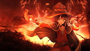 Megumin Casting Explosion Magic in Fiery Anime Fantasy Scene HD wallpaper