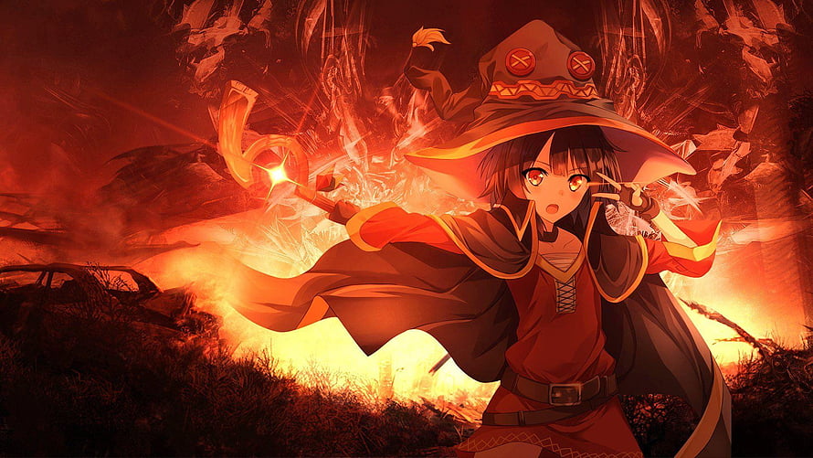 Megumin Casting Explosion Magic in Fiery Anime Fantasy Scene HD wallpaper