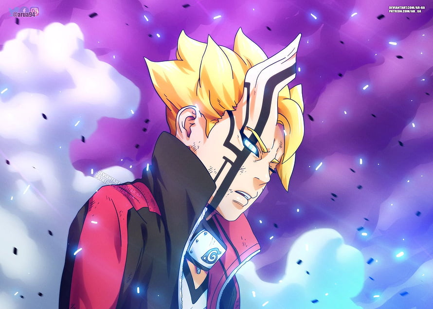 Boruto Uzumaki Anime Character with Purple Aura and Spiky Blonde Hair HD wallpaper