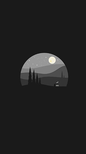 Minimalist Night Landscape with Moon, Stars, and Cabin in a Circular Frame HD phone wallpaper