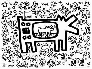 Keith Haring Black and White Pop Art Illustration with Dancers and Dogs HD wallpaper