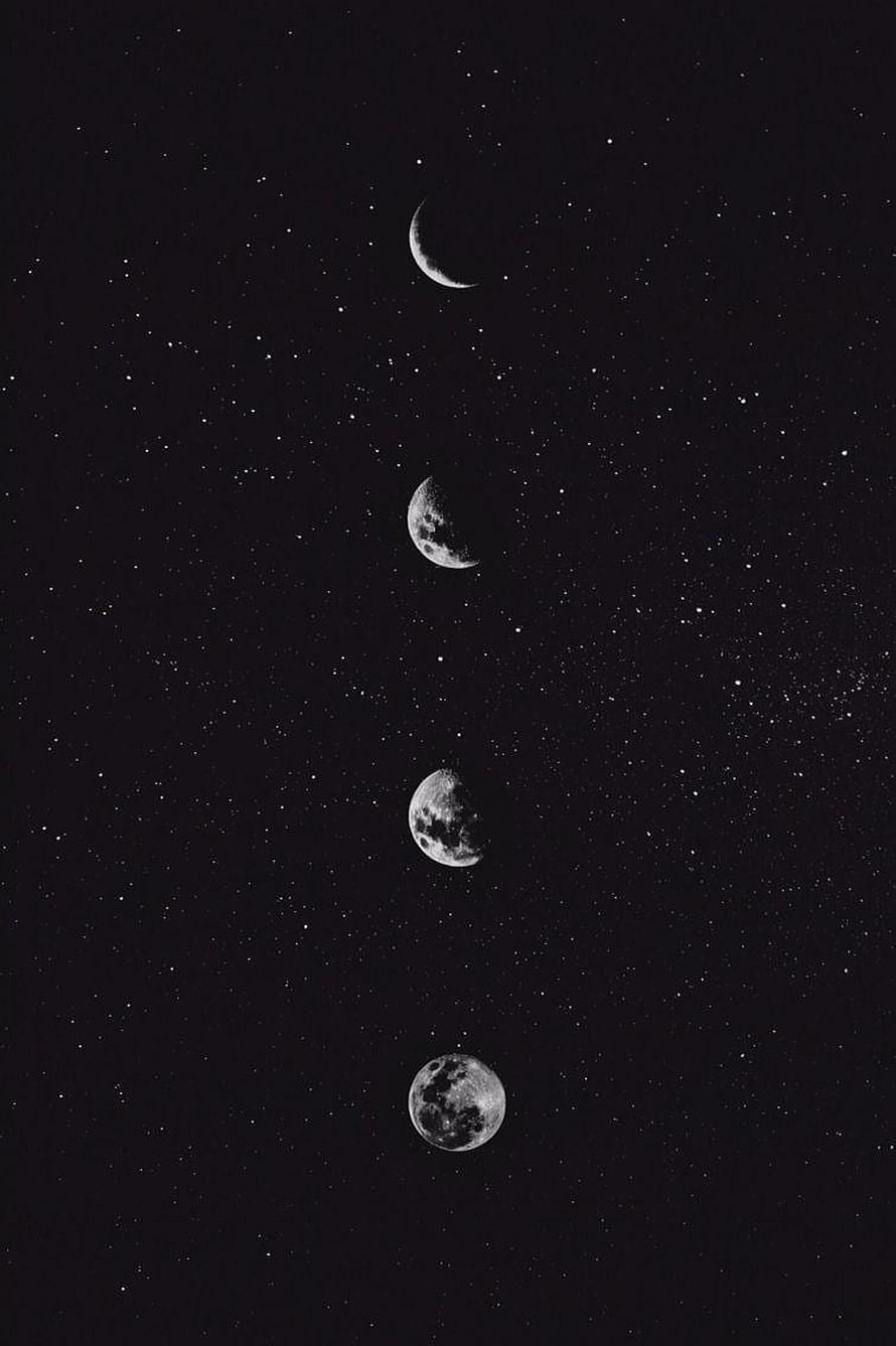 Vertical Moon Phases Sequence Against Starry Night Sky in Black and White HD phone wallpaper