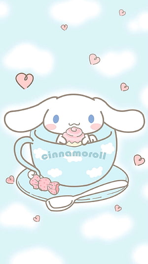 Cute Cinnamoroll Character Sitting in a Teacup with a Cupcake and Floating Hearts HD phone wallpaper