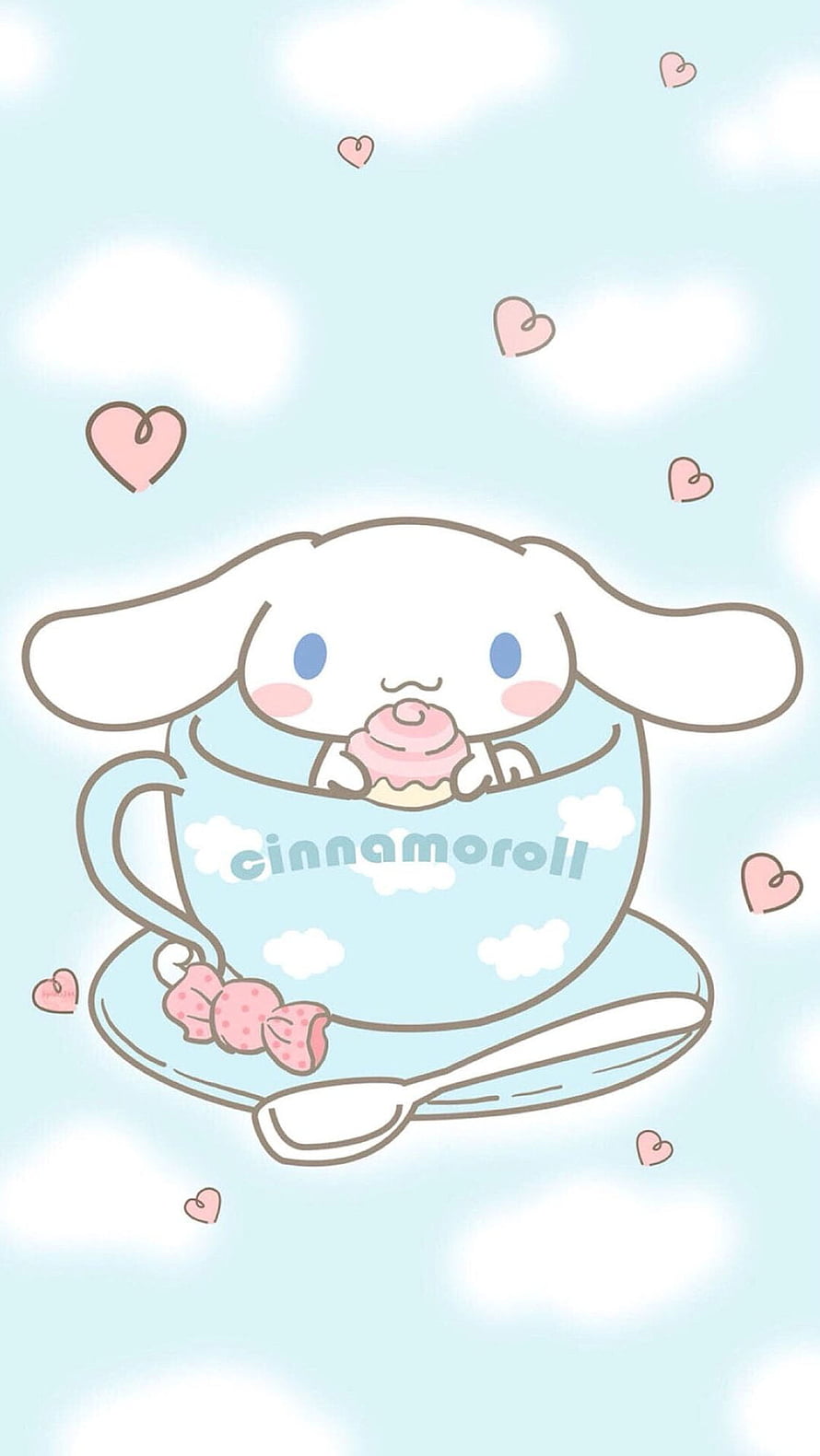 Cute Cinnamoroll Character Sitting in a Teacup with a Cupcake and Floating Hearts HD phone wallpaper