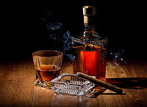 Mature Whiskey and Cigar Still Life with Smoke on Dark Wooden Table HD wallpaper