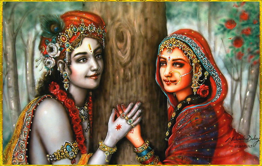 Radha Krishna Devotional Painting with Traditional Indian Jewelry and Floral Garland HD wallpaper