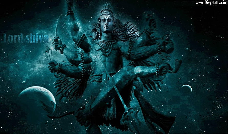 Lord Shiva Cosmic Artwork with Multiple Arms and Celestial Background HD wallpaper