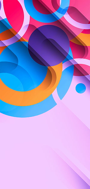 Vibrant overlapping circles and arcs in bold pink, blue, and orange on a soft lavender background HD phone wallpaper