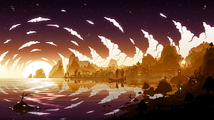 Genshin Impact Liyue Harbor at Sunset with Minimalist Clouds and Water Reflections HD wallpaper