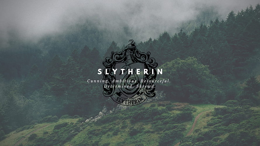 Slytherin House Crest Over Misty Forest Hills in Moody Green Tones HD wallpaper