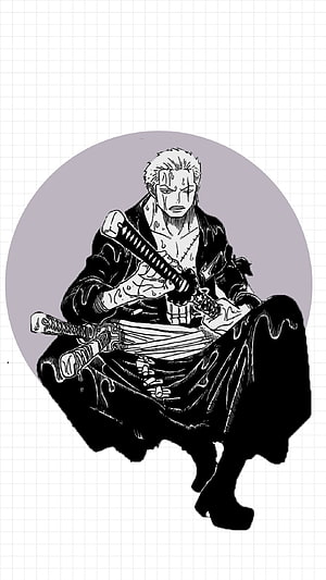 Roronoa Zoro Black and White Manga Style Illustration HD phone wallpaper
