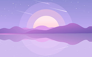 Dreamy Purple Sunset Over Calm Water with Shooting Stars and Rolling Hills HD wallpaper