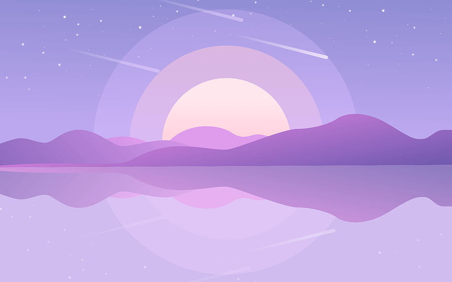 Dreamy Purple Sunset Over Calm Water with Shooting Stars and Rolling Hills HD wallpaper