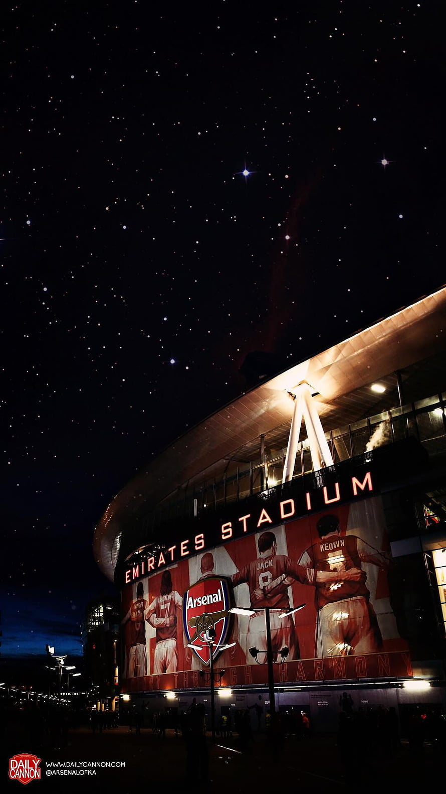 Emirates Stadium at Night with Starry Sky and Arsenal Player Mural HD phone wallpaper