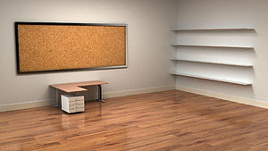 Minimalist Office Interior With Cork Board, Corner Desk, and Wall Shelves on Hardwood Floor HD wallpaper