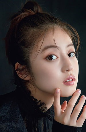 Mio Imada Portrait in Black Lace with Messy Bun and Soft Studio Lighting HD phone wallpaper
