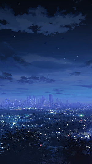 Anime Night Sky Over a Glowing City Skyline with Stars and Clouds HD phone wallpaper