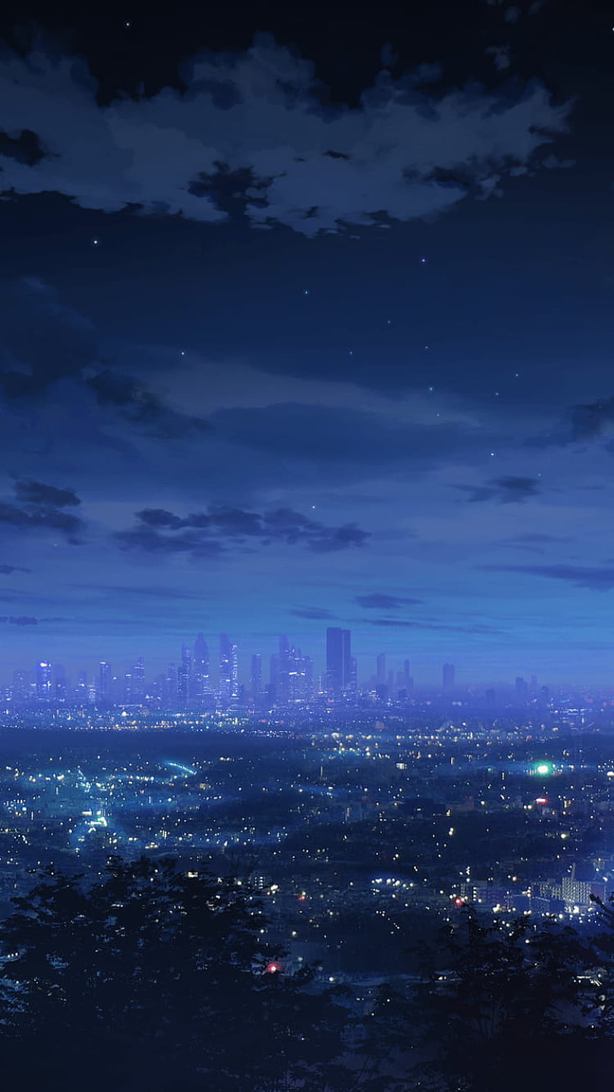Anime Night Sky Over a Glowing City Skyline with Stars and Clouds HD phone wallpaper