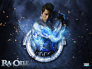 Shah Rukh Khan as Ra.One in a futuristic silver suit with blue electric energy effects HD wallpaper