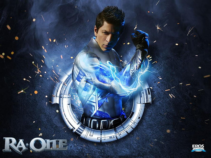 Shah Rukh Khan as Ra.One in a futuristic silver suit with blue electric energy effects HD wallpaper
