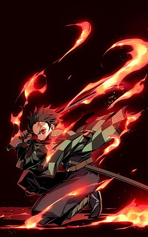 Tanjiro Kamado Wielding Flame Breathing in Demon Slayer Anime Illustration HD phone wallpaper