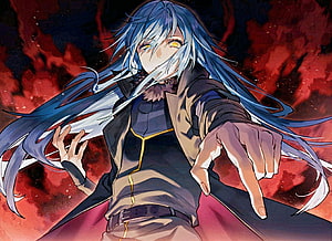 Rimuru Tempest Anime Character with Blue Hair and Golden Eyes Against Fiery Red Background HD wallpaper