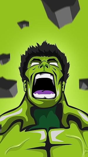 Hulk Roaring in Vector Style with Floating Debris Against a Vibrant Green Background HD phone wallpaper