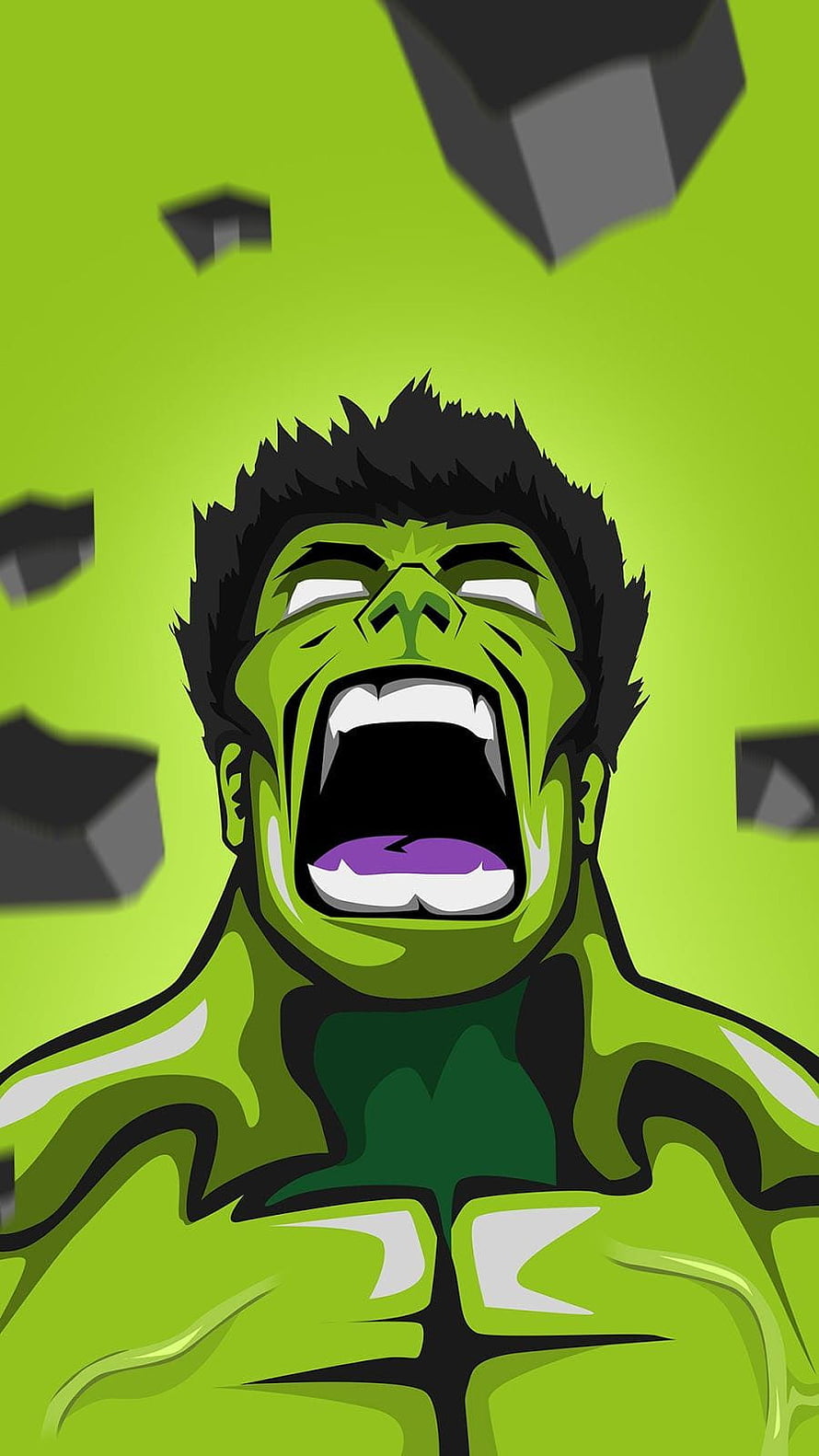 Hulk Roaring in Vector Style with Floating Debris Against a Vibrant Green Background HD phone wallpaper