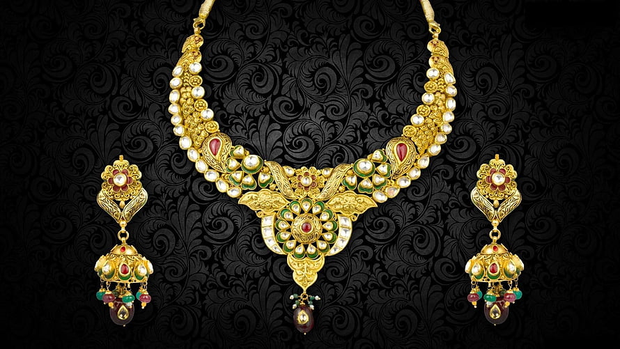 Traditional Indian Gold Necklace and Earring Set with Pearl and Gemstone Details HD wallpaper